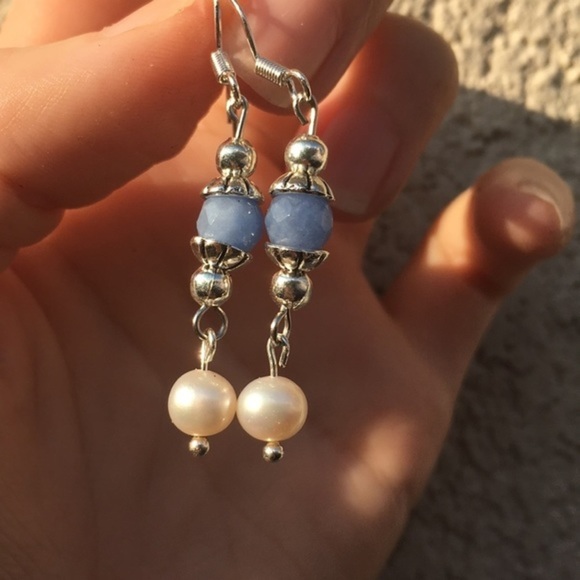 Real Pearl Chalcedony gemstone Sterling Silver Earrings - Picture 11 of 14